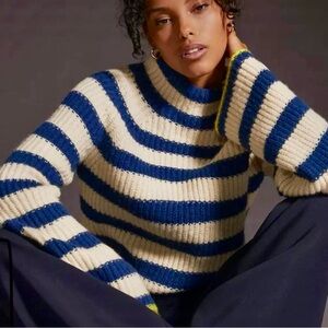 Maeve Anthropologie Navy & Cream Striped Turtleneck Sweater SZ S